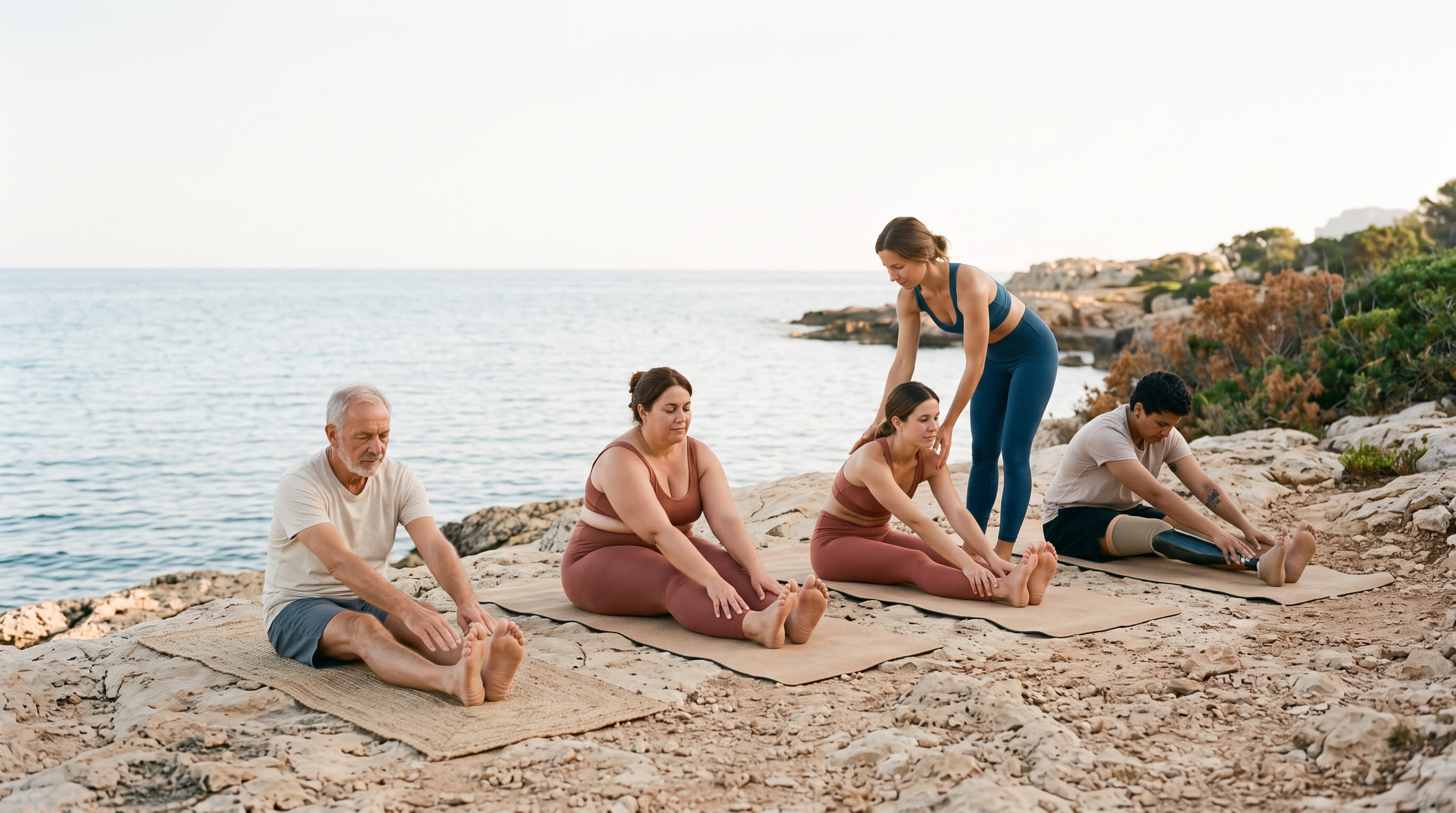 Nadine begleitet eine kleine Yoga-Gruppe am Strand